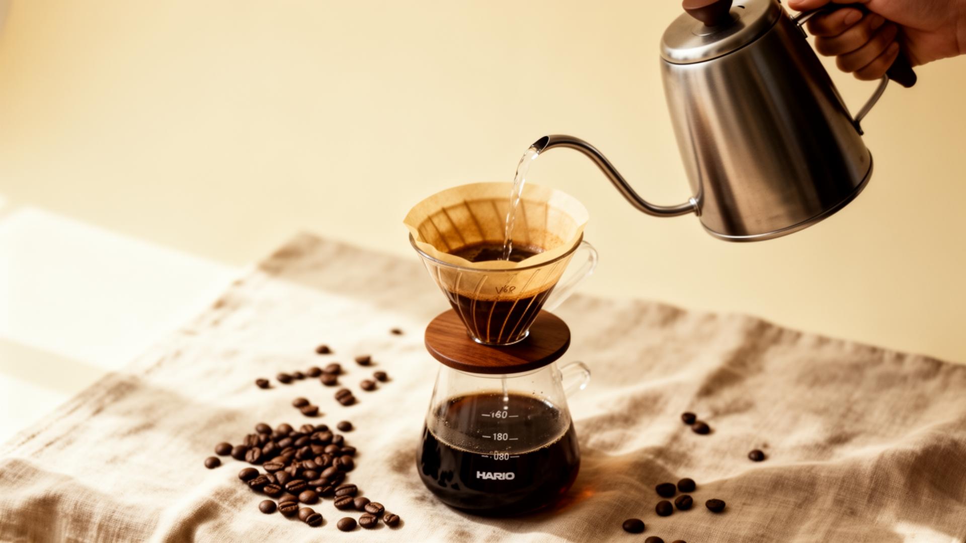 Hand pouring water into a Hario V60 pour-over